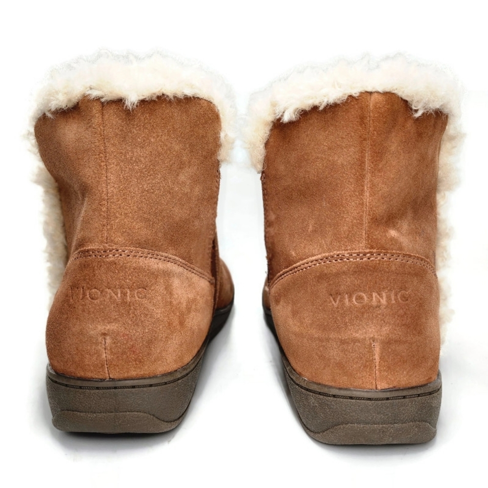 Vionic Unwind Tan Suede Faux Shearling Notched Sides Pull-On Flat Ankle Booties - Picture 10 of 14
